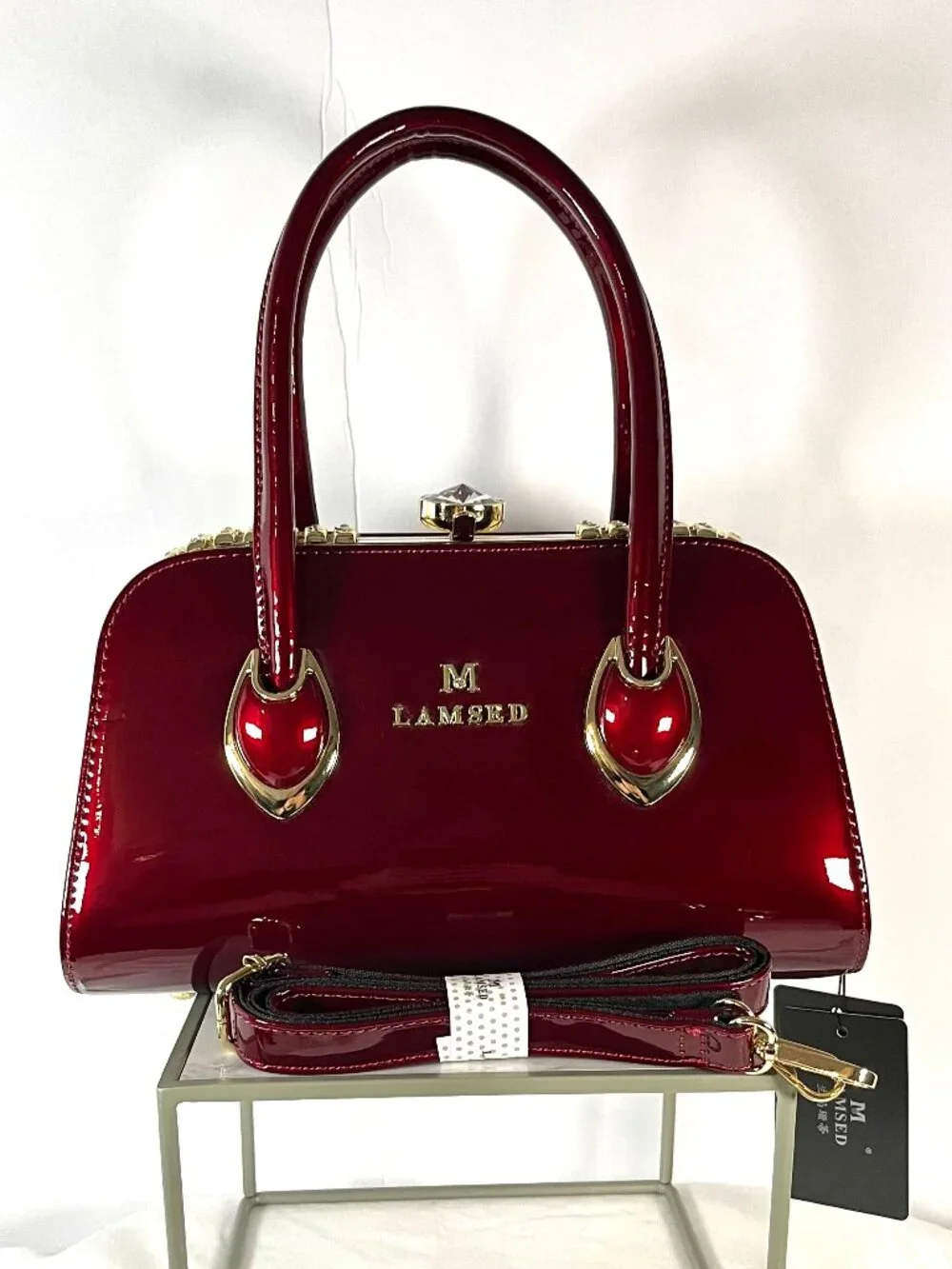 NWT/M-Lamsed Red Patent Gold Chain Bag – Glam Faux Diamond Clasp Purse